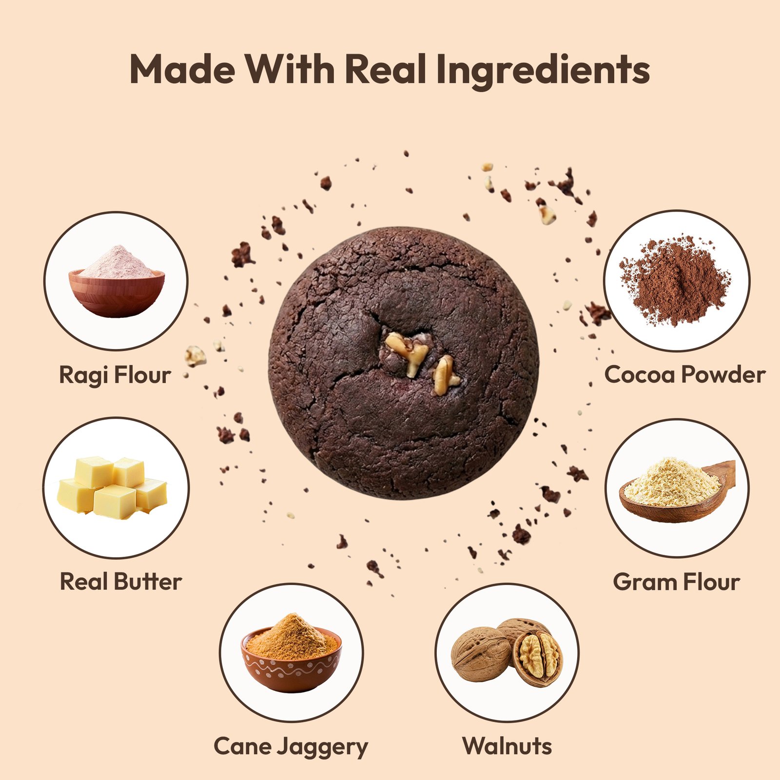 Made with real ingredients Ragi flour, Real Butter, Cane Jaggery, Walnuts, Gram Flour and Cocoa Powder.