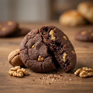 Healthy ragi chocolate walnut cookies placed on a wooden table with pieces of walnuts scattered around
