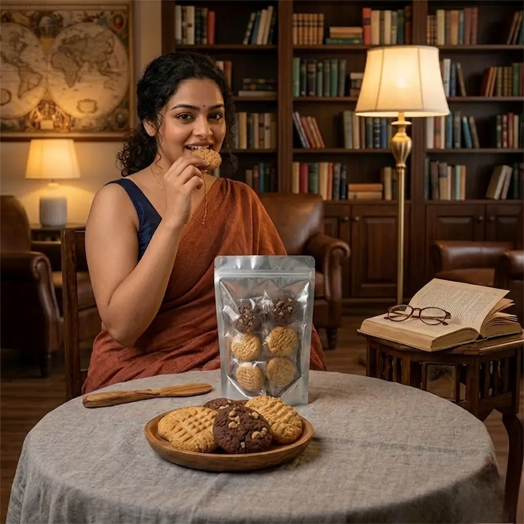 an elegant Indian woman in an amber-toned, cozy home library during the evening. She wears a rustic terracotta saree smiling as she enjoys a cookie. In front of her, a round table covered in a grey linen tablecloth displays a premium, transparent stand-up pouch containing a mix of different cookies. Arranged on wooden plates and scattered across the table are gourmet peanut butter cookies with cross-hatch patterns, chocolate walnut cookies, whole walnuts, peanuts, cinnamon sticks, and star anise. A warm floor lamp illuminates bookshelves in the background, alongside an open book and reading glasses resting on a small wooden side table.