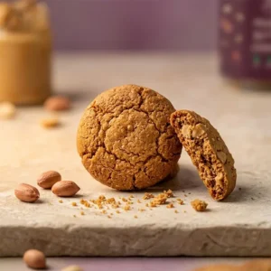 ragi peanut butter cookies placed on a stone slab along with peanut scattered around it and peanut butter jar in the background.